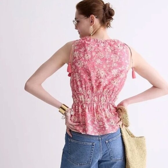 J. Crew V-Neck Voile Tassels Gathered Waist Pink/Ivory Floral Blouse/Top Small - Picture 3 of 10